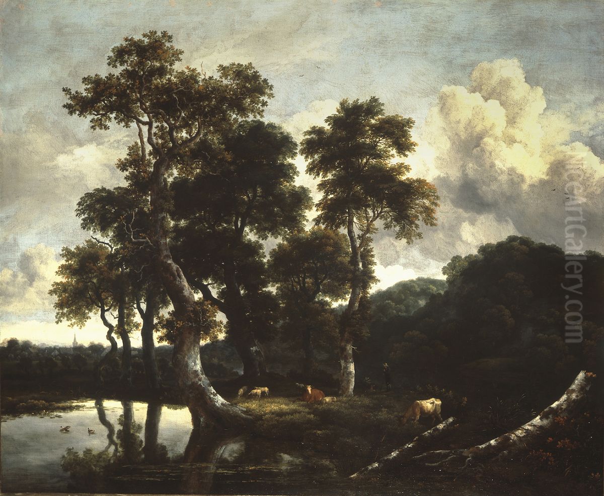 Grove of large oak trees at the edge of a pond Oil Painting by Jacob Van Ruisdael