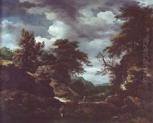 Hilly wooded landscape with cattle Oil Painting by Jacob Van Ruisdael