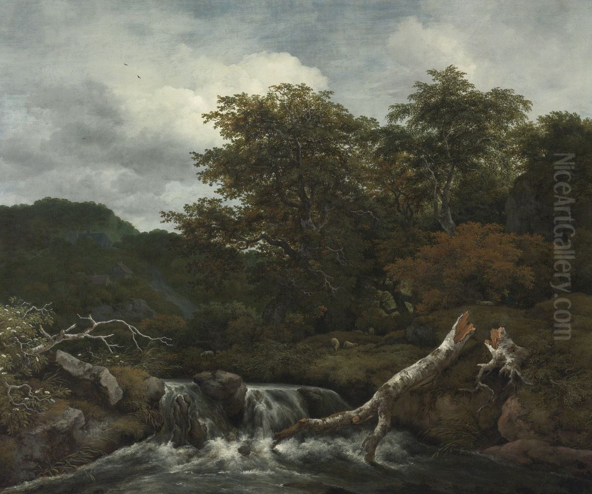 Waterfall in a hilly wooded landscape Oil Painting by Jacob Van Ruisdael