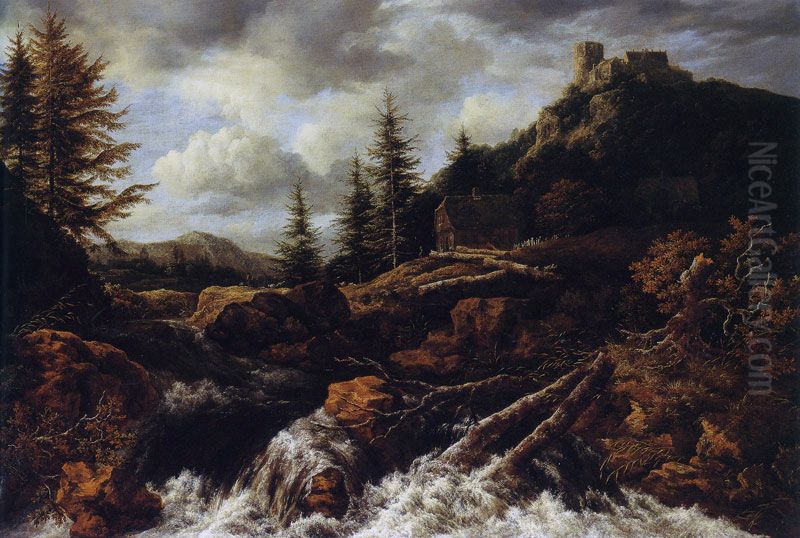 Waterfall in a mountainous landscape with a ruined castle Oil Painting by Jacob Van Ruisdael