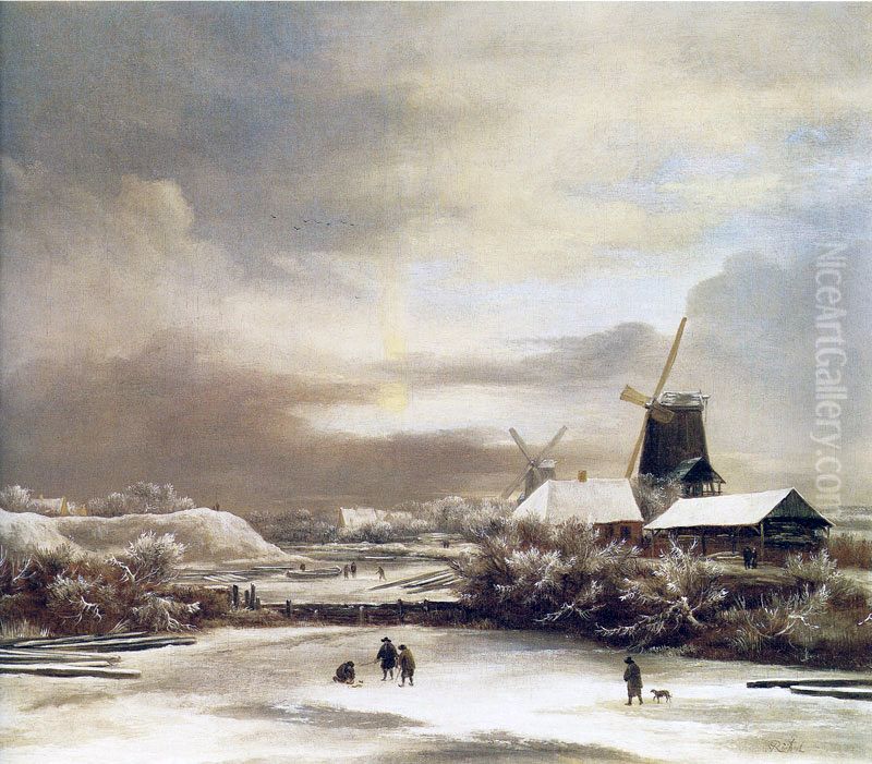 Winter landscape with two windmills Oil Painting by Jacob Van Ruisdael