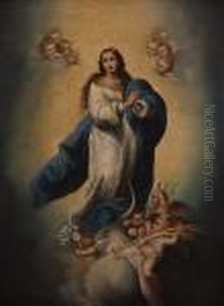The Assumption Of The The Blessed Virgin Mary 
Full Length Portrait Amongst Clouds And Cherubs Oil Painting by Bartolome Esteban Murillo