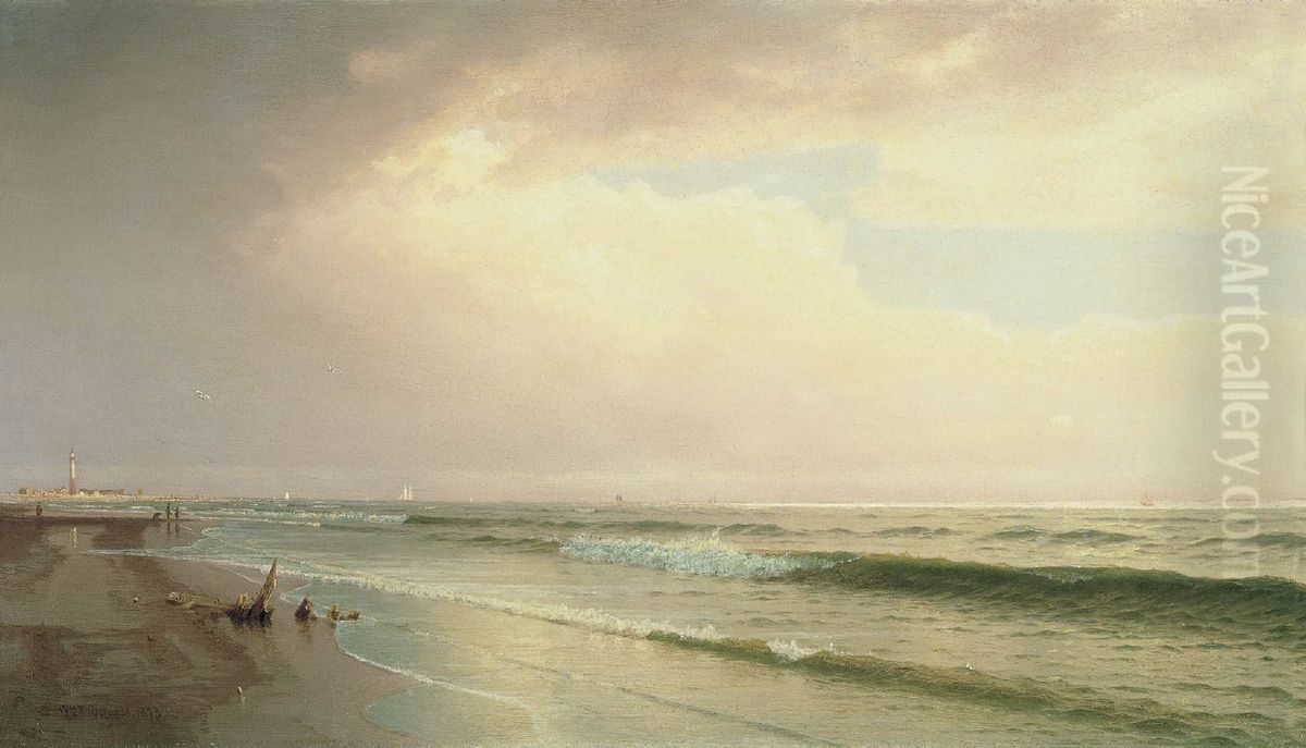 Seascape with Distant Lighthouse, Atlantic City, New Jersey Oil Painting by William Trost Richards