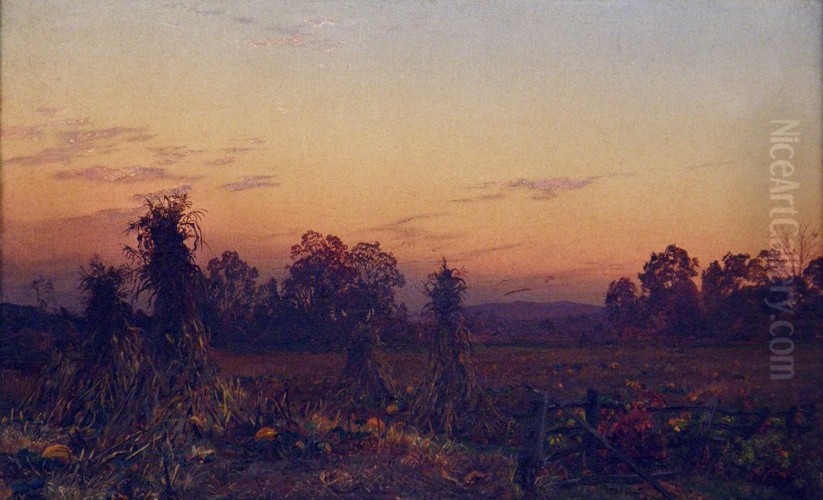 Corn Shocks and Pumpkins Oil Painting by William Trost Richards