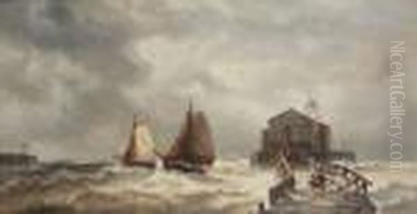 Vissers Bij Stormachtig Weer 
Ophouten Pier, Paar Vissersboten In De Nabijheid En Stoomboot In 
Deverte. Oil Painting by Francois Etienne Musin