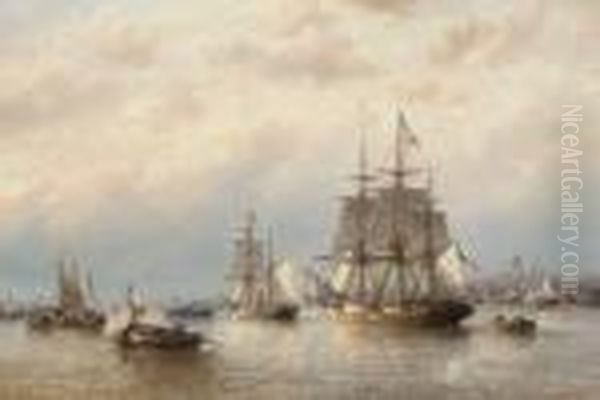 Shipping Becalmed In Calais Harbour Oil Painting by Francois Etienne Musin
