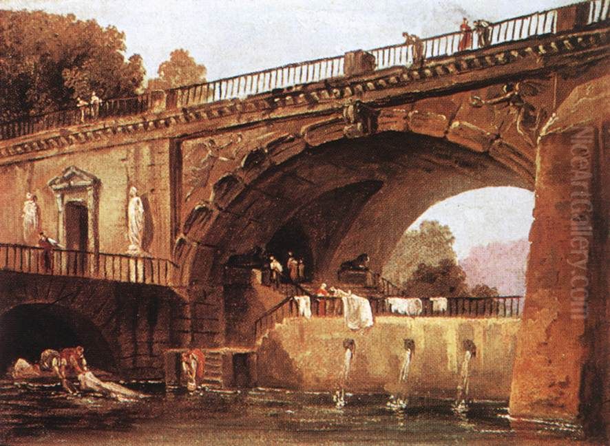 Washerwomen below a Bridge Oil Painting by Hubert Robert
