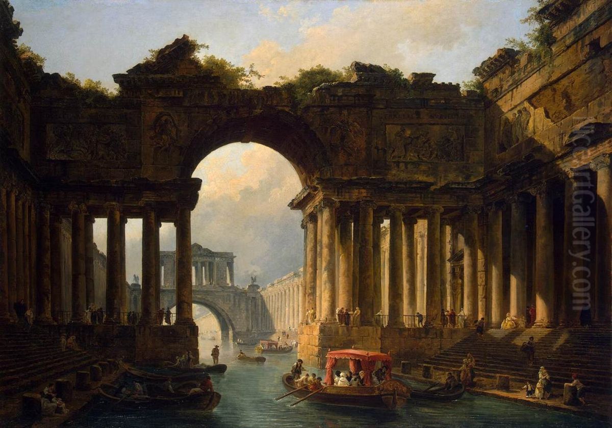 Architectural Landscape with a Canal Oil Painting by Hubert Robert