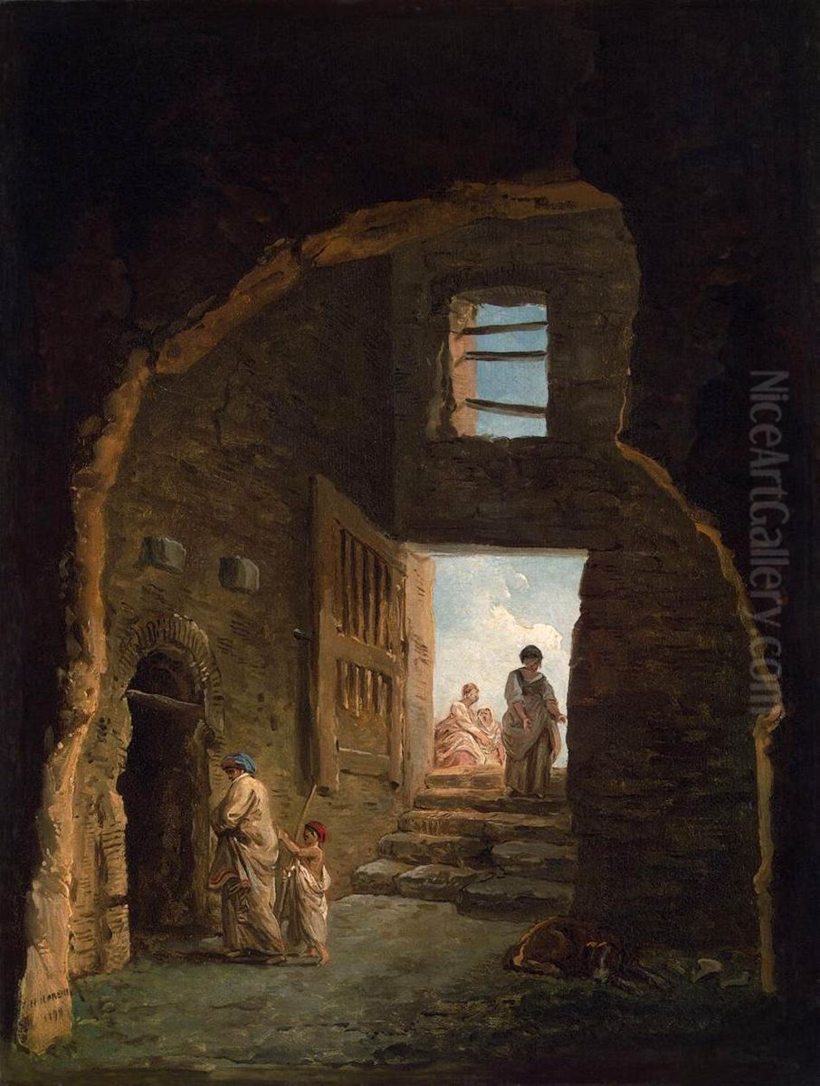 Inhabited Ruins Oil Painting by Hubert Robert