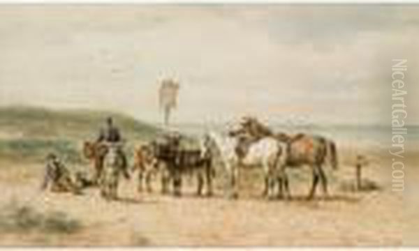 Horses And Donkeys On The Beach Oil Painting by Willem Carel Nakken