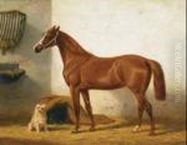 Thoroughbred And Terrier In A Stable Oil Painting by Willem Carel Nakken