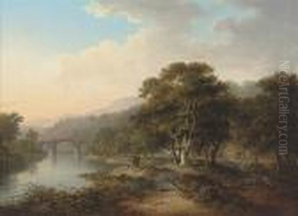 A View On The River Tweed, Near 
Melrose, With Figures Fishing Onthe Bank, A Bridge Beyond Oil Painting by Alexander Nasmyth