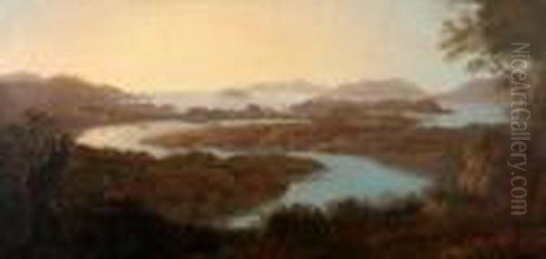 Panoramic Landscape With Fishermen, Sailing Vessels Leading Towards
 A Castle And Mountains Beyond Oil Painting by Alexander Nasmyth