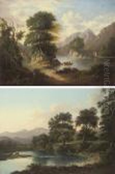 A Wooded River Landscape With 
Anglers On The Bank, Mountains Beyond; And An Extensive Wooded River 
Landscape With Figures In A Boat By A Bridge, A Cottage Beyond Oil Painting by Alexander Nasmyth
