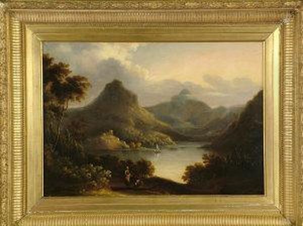 A Broad Lakeland Panorama With 
Figures In The Foreground, A Boat And Castle In The Middle Distance, And
 Mountains Rising In The Distance. Oil Painting by Alexander Nasmyth