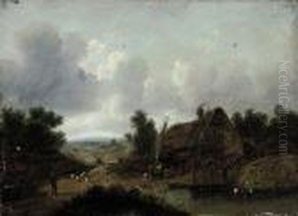 Figures Beside A Cottage, A Pool
 In The Foreground And A Shepherddriving His Flock Along A Country Road Oil Painting by Patrick, Peter Nasmyth