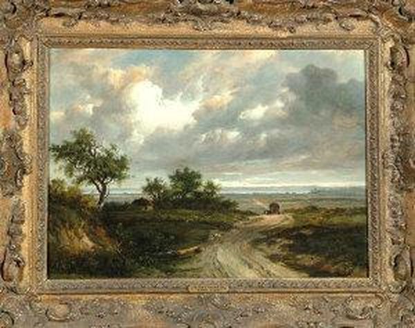 A Panoramic Landscape View With 
Sheep At A Roadside Near A Shepherd's Hut, A Horsedrawn Wagon In The 
Middle-distance And An Estuary Beyond Oil Painting by Patrick, Peter Nasmyth