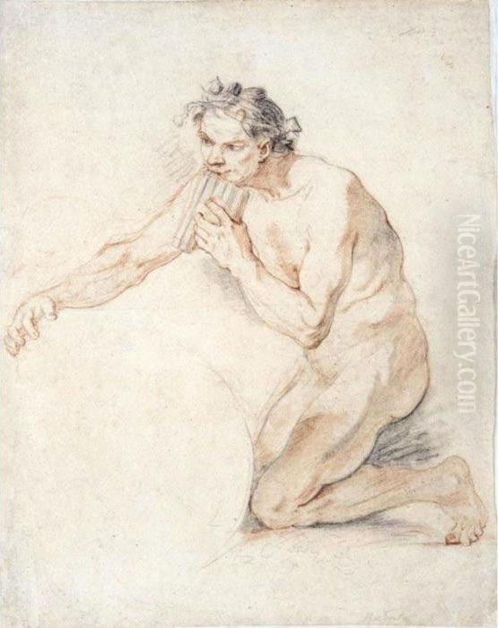 A Kneeling Male Nude, Playing Pan Pipes Oil Painting by Charles Joseph Natoire