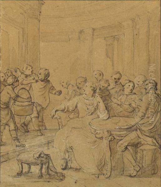Sancho Panza Pursued By Cooks 
Trying To Shave His Beard With Dirtywater, Don Quixote And The Duchess 
Seated At A Table Oil Painting by Charles Joseph Natoire
