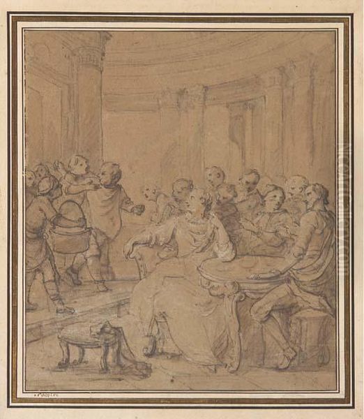 Don Quichotte Assis A Une Table 
Avec Une Femme Se Tournant Vers Sancho Panca Accompagnee D'enfants Oil Painting by Charles Joseph Natoire