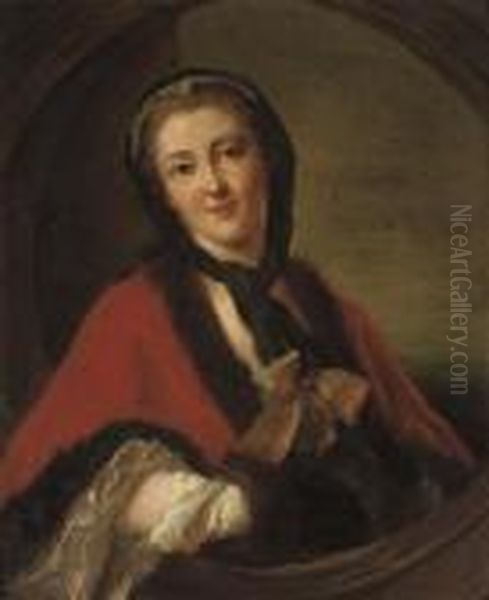 Portrait Of Countess Tessin, 
Half-length, In A Red Fur-trimmed Cloak, In A Sculpted Cartouche Oil Painting by Jean-Marc Nattier