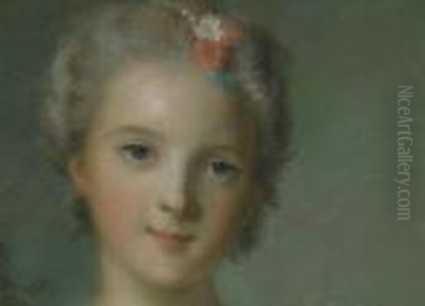Portrait Der Madame Louise De 
France, Tochter Von Ludwig Xv. Von Frankreich
 Jugendliche Gestalt, Im Dreiviertelportrait Wiedergegeben, Vor 
Landschaftlichem Hintergrund. In Der Rechten Hand Einen Rosenstraus Und 
In Der Linken Eine Nelke Haltend. Oil Painting by Jean-Marc Nattier