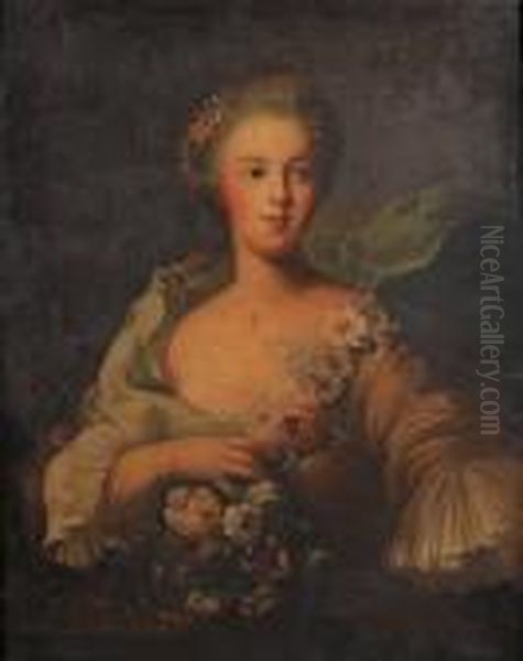 Portrait Of A Lady, Half-length,
 In A Pink Dress With A Blue Shawl And Holding A Garland Of Flowers Oil Painting by Jean-Marc Nattier