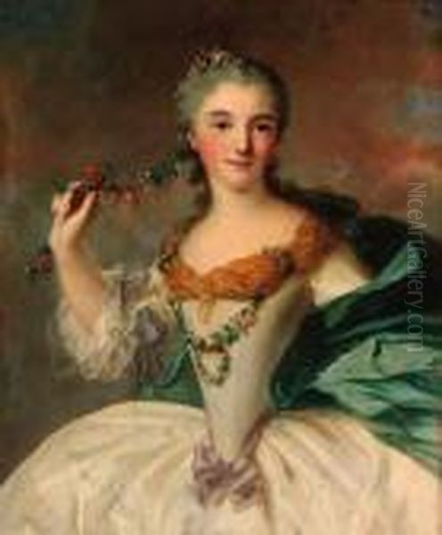 Portrait Of A Young Lady, Small 
Three-quarter-length, In A Whitedress With A Blue Wrap, Holding A 
Garland Of Wild Flowers Oil Painting by Jean-Marc Nattier