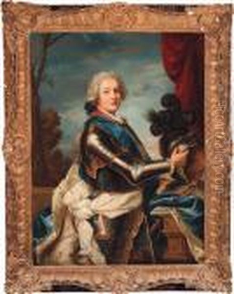 Portrait Of A Military 
Commander, Standing Three-quarter-length, Inarmour With A Blue Sash And 
An Ermine Lined Cloak, Holding A Helmetbefore A Crimson Curtain, A 
Landscape Beyond Oil Painting by Jean-Marc Nattier