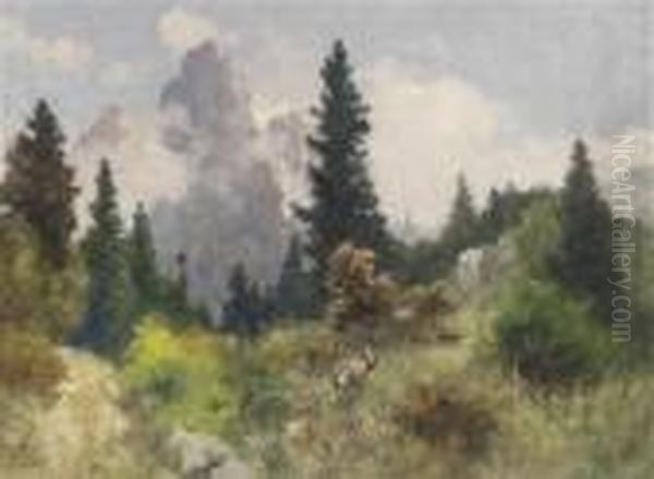 Red Deer In The Clearing Oil Painting by Antal Neogrady