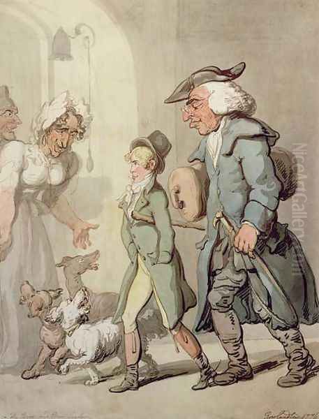 The Bear and Bear Leader - passing the Hotel dAngleterre, 1776 Oil Painting by Thomas Rowlandson
