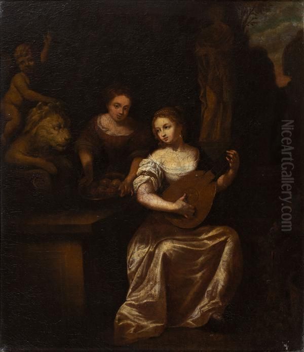 Joueuse De Mandoline Dans Un Parc Classique Oil Painting by Caspar Netscher