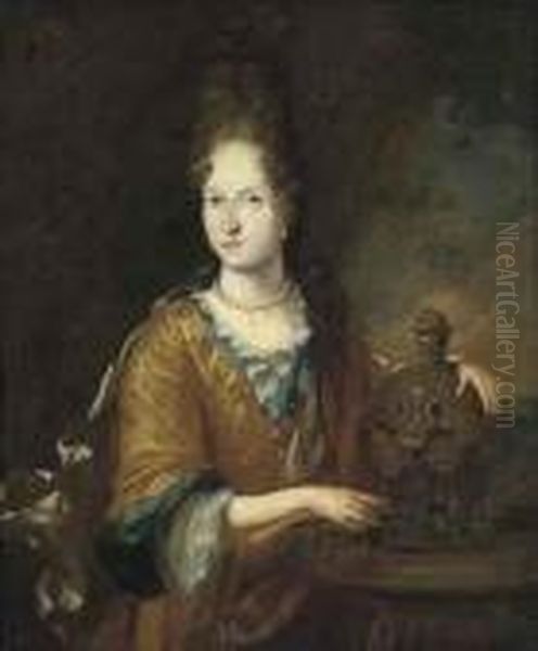 Portrait Of A Lady, 
Three-quarter-length, In A Rust And Blue Dressbeside A Fountain In A 
Landscape Oil Painting by Caspar Netscher