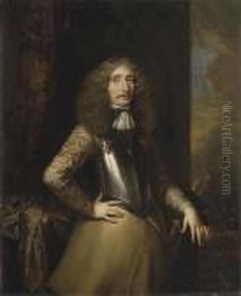 Portrait Of A Field Marshal, 
Three-quarter-length, In A Cuirass, A Marshal's Baton On The Table 
Beside Him, A Battle Beyond Oil Painting by Caspar Netscher