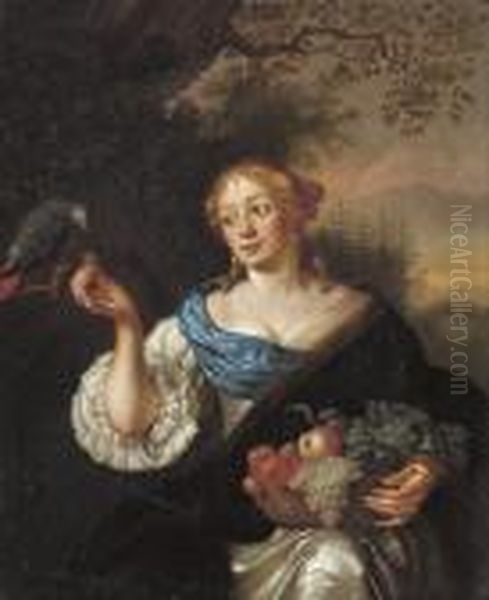 Portrait Of A Lady, 
Three-quarter-length, In A White Dress With Ablue Sash, Holding A Basket
 Of Fruit, Feeding A Parrot, In Alandscape Oil Painting by Caspar Netscher