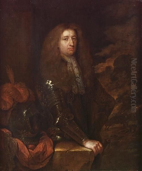 Portrait Of An Officer, Small 
Three-quarter-length, In Armour And A Lace Jabot, His Hand Resting On A 
Partially Draped Stone Plinth With A Plumed Helmet, A View To A Battle 
Beyond Oil Painting by Caspar Netscher