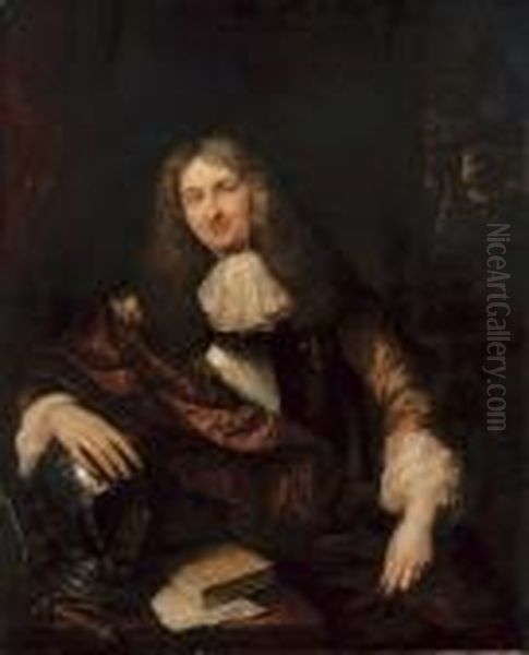 Portrait Of Adolf Hendrik Van 
Raesfelt, Seated,three-quarter-length, In A Breastplate And A Gold Coat 
With A Whitecravat, His Right Hand Resting On His Helmet, A Moonlit 
Landscapebeyond Oil Painting by Caspar Netscher