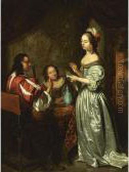 An Interior Scene With An 
Elegant Lady Reading A Letter, A Man Playing The Lute And A Woman 
Listening At The Table Oil Painting by Caspar Netscher
