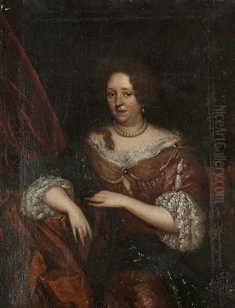 Portrait Of A Lady, 
Three-quarter-length, In A Brown Dress With Lace Edging And A Pearl 
Necklace Oil Painting by Caspar Netscher
