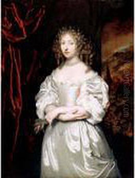 Portrait Of Suzanna Huygens, 
Standing Three-quarter Length In White Satin, An Evening Landscape 
Beyond Oil Painting by Caspar Netscher