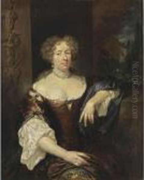 A Portrait Of A Lady, Seated 
Three-quarter Length, Wearing A Red Dress With Blue Sleeves And A 
Gilt-embroidered Underskirt, A White Chemise, Pearl Jewellery, A Blue 
Shawl Draped On Her Left Arm, In A Park Setting Oil Painting by Caspar Netscher