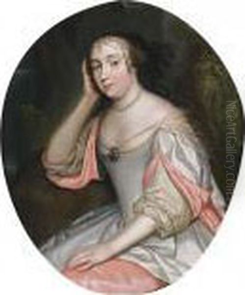A Portrait Of A Lady, Seated 
Three-quarter Length, Wearing A Pink And White Satin Dress And Pearl 
Jewellery, In A Park Setting Oil Painting by Caspar Netscher