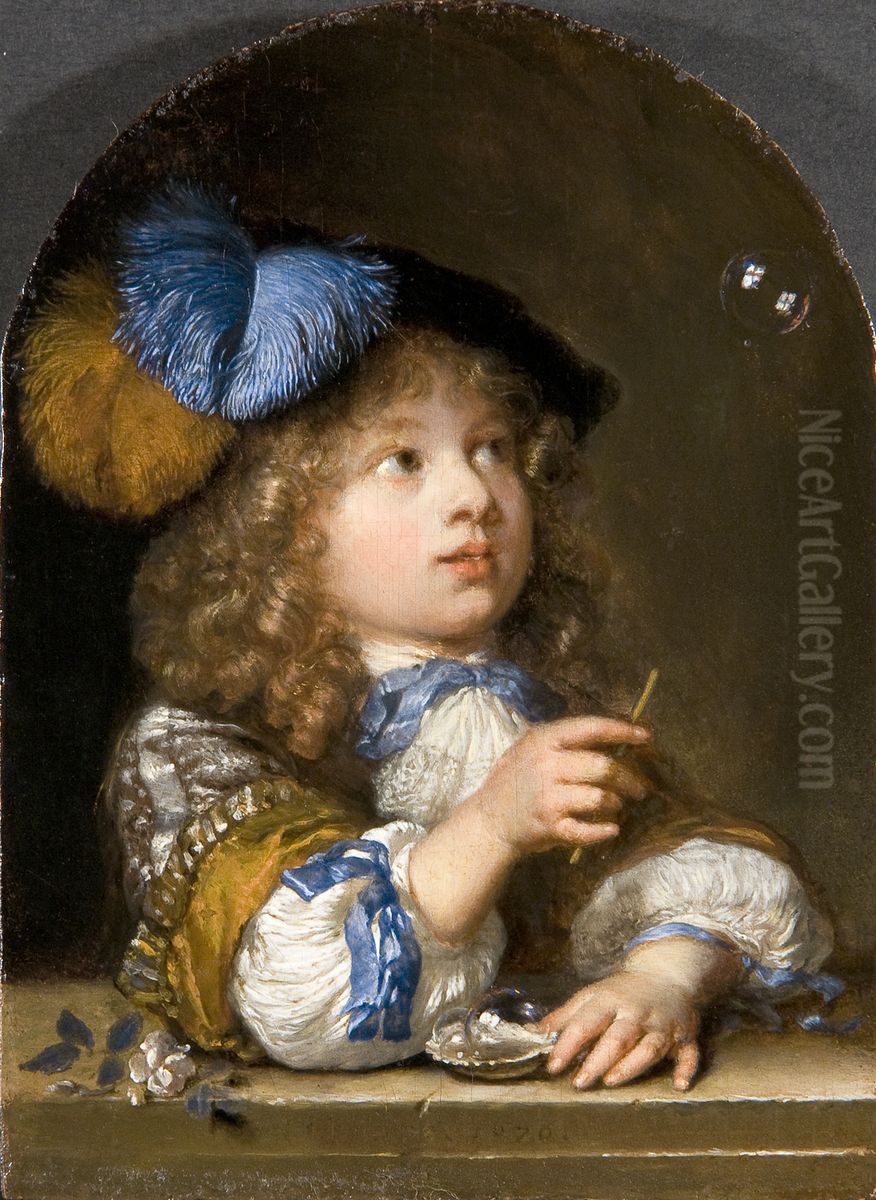 A Boy Blowing Bubbles Oil Painting by Caspar Netscher