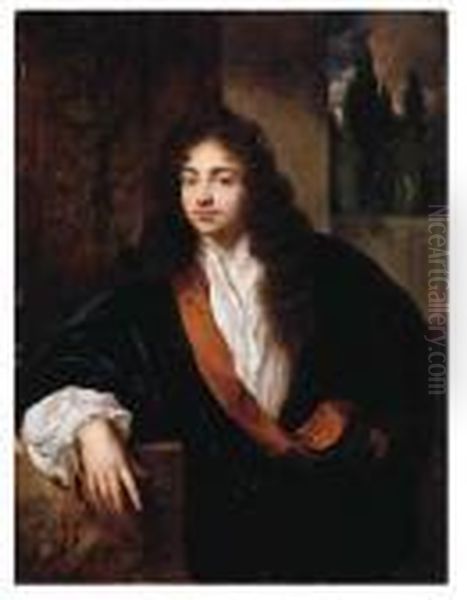 Portrait Of A Gentleman, 
Standing Small Half Length On A Balcony,wearing An Orange-lined Blue 
Silk Dressing-gown With Lace Chemiseand Wig, His Right Arm Leaning On A 
Sculpted Pedestal, A Classicalgarden Beyond Oil Painting by Caspar Netscher