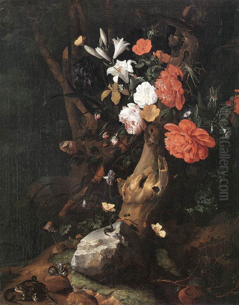 Flowers on a Tree Trunk Oil Painting by Rachel Ruysch
