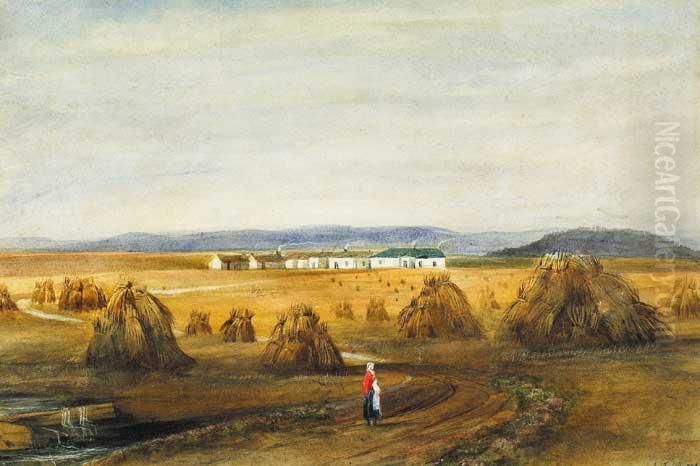 Corn Stooks, Figures In A Landscape Oil Painting by Andrew Nicholl