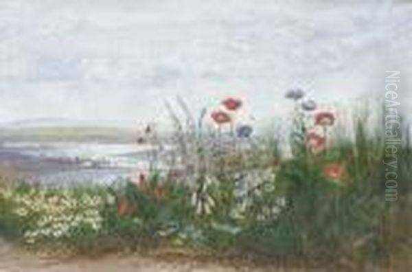 Poppies, Ox-eye Daisies, 
Dandelions And Foxgloves At The Edge Of Afield, With A View Of 
Londonderry Beyond Oil Painting by Andrew Nicholl