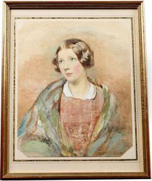 A Scottish Lady Half Length, 
Wearing Tartan Shawl, Red Dress With White Collar, Her Hair Parted And 
Upswept Oil Painting by Erskine Nicol