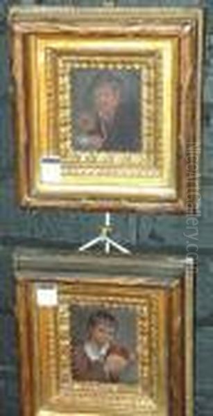 'portrait Of A Boy Holding A Jug'. 'a Man Holding A Pipe And Bowl Of Soup' Oil Painting by Erskine Nicol