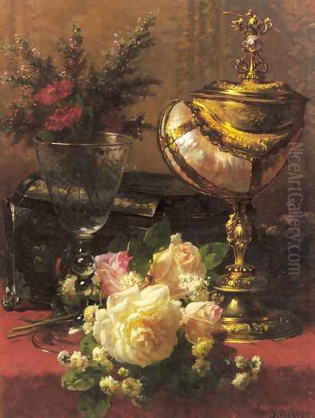 A Bouquet of Roses and other Flowers in a Glass Goblet with a Chinese Lacquer Box and a Nautilus Cup on a red Velvet draped Table Oil Painting by Jean-Baptiste Robie
